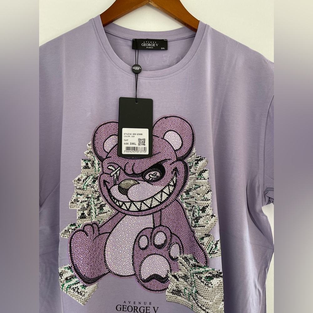 Avenue George V Paris Men's purple T-Shirt Teddy Bear Fitted Rhinestone 2XL NWT
